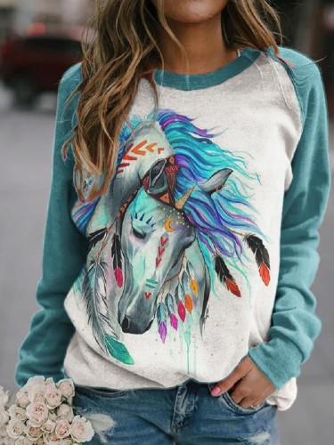 Womens Vintage Western Tribal Horse Print Crew Neck Top