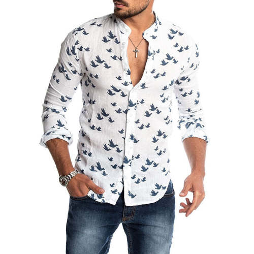 Newest Mens Casual Duck Printed Shirts Autumn Slim Fit Button Placket Cut Collar Long Sleeve Male Social Business