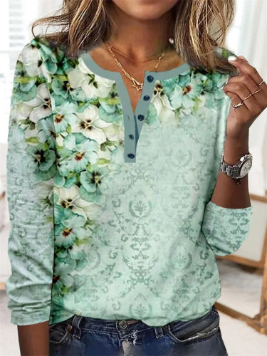 Women's Green Floral Printed Crew Neck Long Sleeve Vintage Retro T-Shirt Top