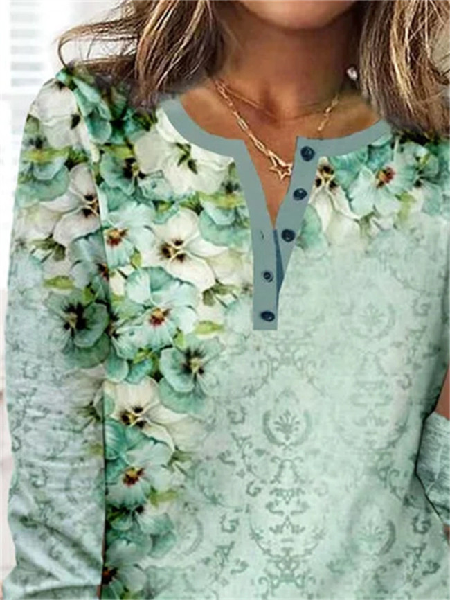 Women's Green Floral Printed Crew Neck Long Sleeve Vintage Retro T-Shirt Top