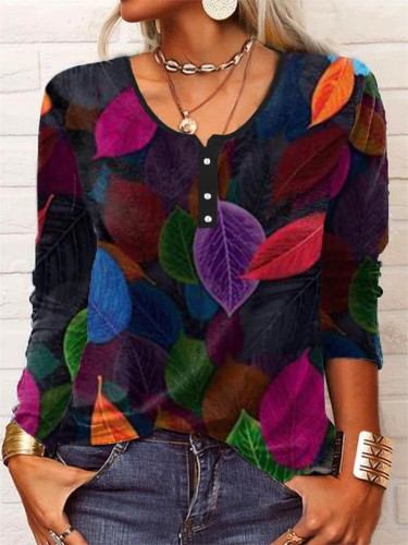 Women's Floral Printed U Collar Long Sleeve Vintage Retro T-Shirt Top