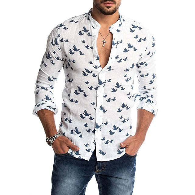 Newest Mens Casual Duck Printed Shirts Autumn Slim Fit Button Placket Cut Collar Long Sleeve Male Social Business