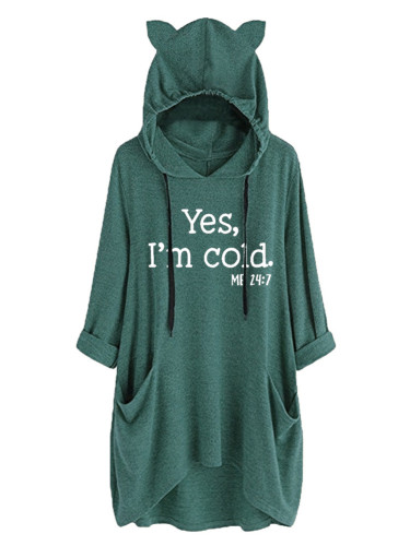 Womens Yes I'm Cold Letter Print Cat Ear Hoody Loose Sweatshirt