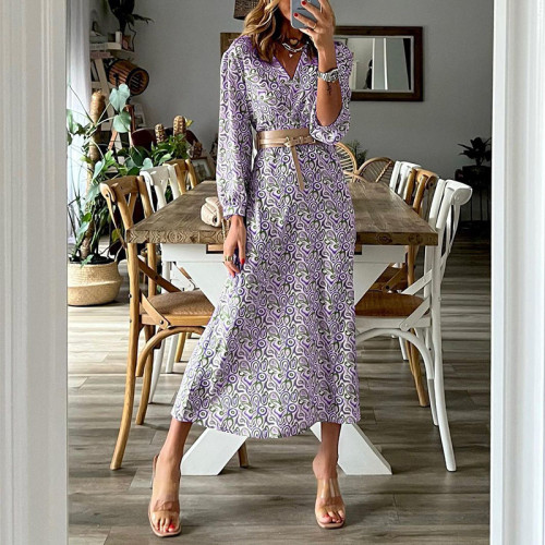 Womens Boho Dress Beach Holiday Floral Print V-Neck Long Sleeve Maxi Dress
