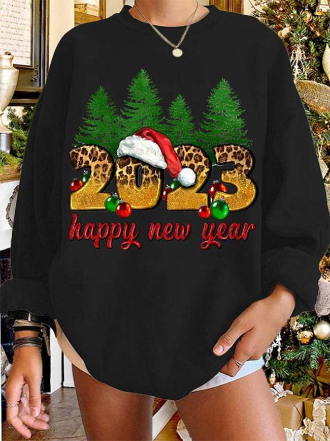 2023 Happy New Year Fashion Print Loose Long Sleeve Sweatshirt