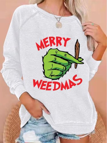Women's Christmas Merry Weedmas Green Monster Print Sweatshirt