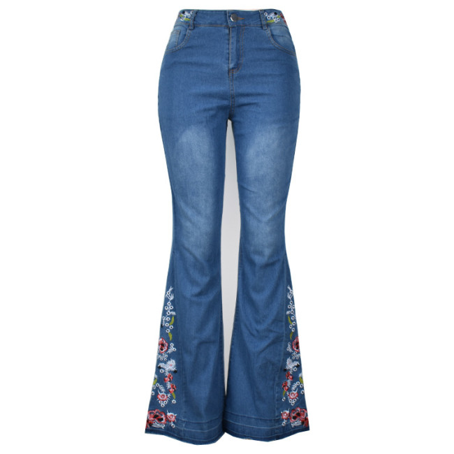 Embroidery Floral Jeans For Women Flares Bell Wide Leg Jeans Vintage Retro Denim Pants
