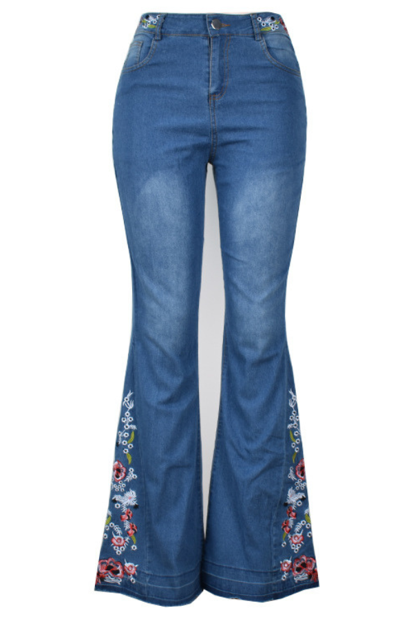 US$ 39.89 - Embroidery Floral Jeans For Women Flares Bell Wide Leg ...