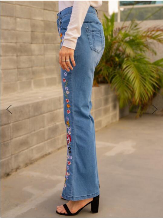 Embroidery Floral Jeans For Women Plus Size 4XL Flares Bell Wide Leg Jeans Vintage Denim Pants