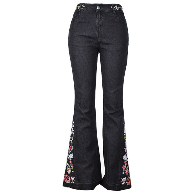 Embroidery Floral Jeans For Women Flares Bell Wide Leg Jeans Vintage Retro Denim Pants