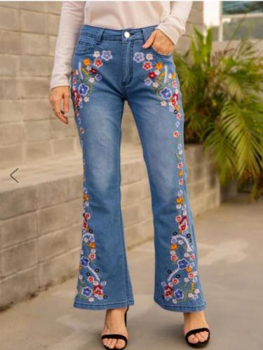 Embroidery Floral Jeans For Women Plus Size 4XL Flares Bell Wide Leg Jeans Vintage Denim Pants