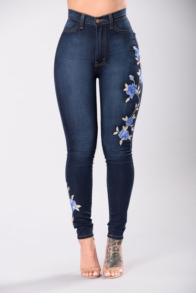 Women's Denim Jeans Embroidered Floral Slim Pencil Trousers