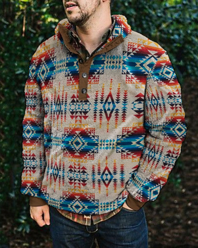 Men's Fleece Sweatshirt Western Retro Aztec Tribal Geometric Pattern Pullover Cowboy Sweatshirts