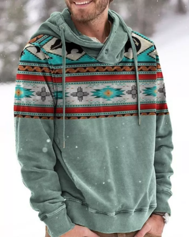Mens Western Hoodie Casual Aztec Tribal Print Long Sleeve Hoodie Pullover Sweatshirt