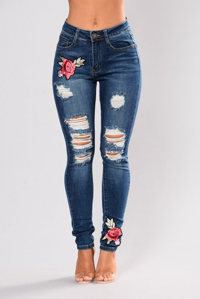 US$ 28.99 - Womens Jeans Ripped Embroidered Floral Jeans Straight ...