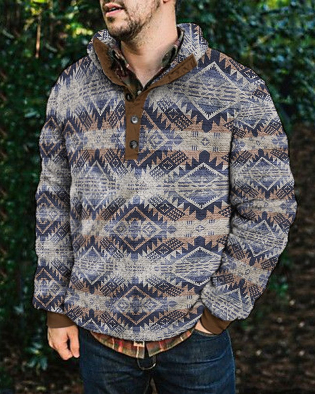 Men's Fleece Sweatshirt Western Retro Aztec Tribal Geometric Pattern Pullover Cowboy Sweatshirts