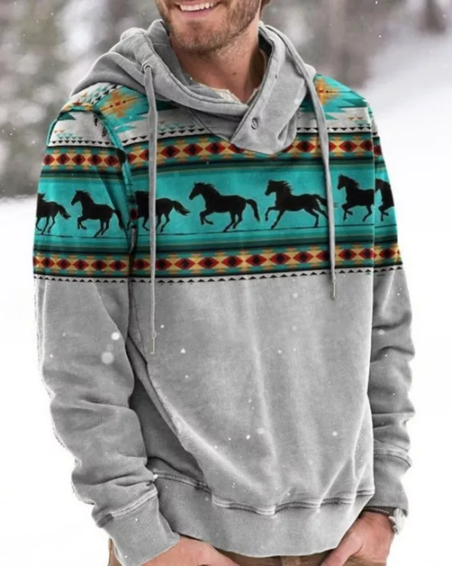 Mens Western Hoodie Casual Aztec Tribal Print Long Sleeve Hoodie Pullover Sweatshirt