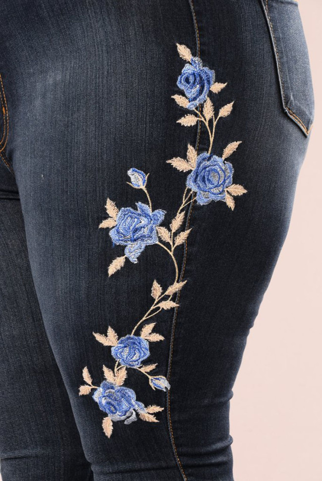 Women's Denim Jeans Embroidered Floral Slim Pencil Trousers