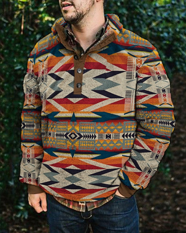 Men's Fleece Sweatshirt Western Retro Aztec Tribal Geometric Pattern Pullover Sweatshirts