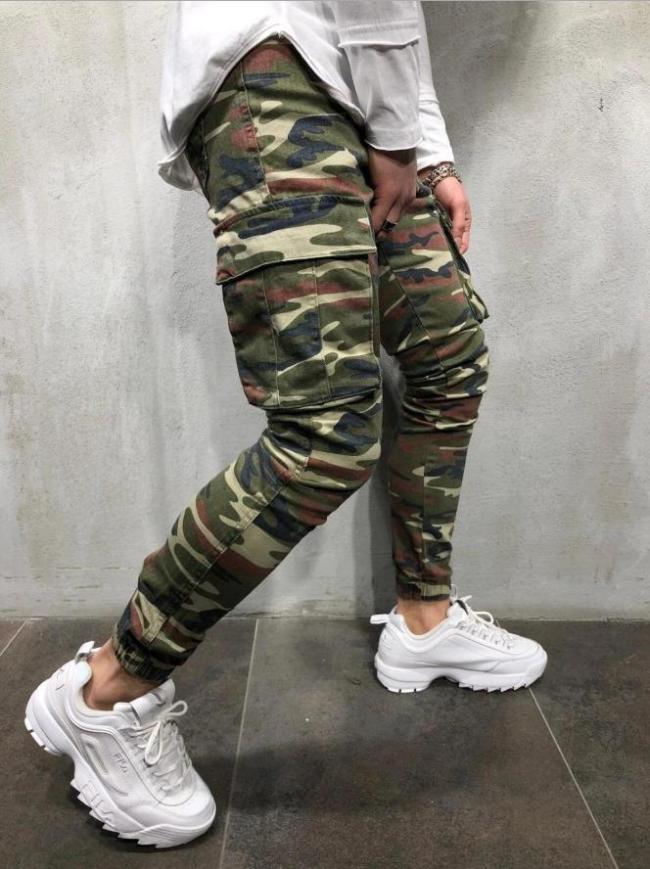 Men's Street Style Camouflage Print Letter Badge Patchwork Army Green Denim Pencil Pants