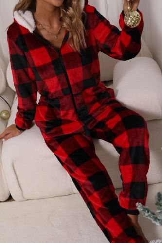 Womens One Piece Fleece Pajamas Plaid Zip Up Flannel Hooded Jumpsuit