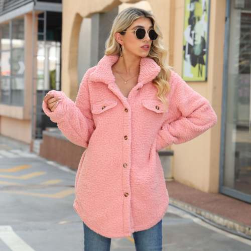 Womens Autumn Winter Coat Long Sleeve Single Breasted Faux Fur Coat Jacket Pink