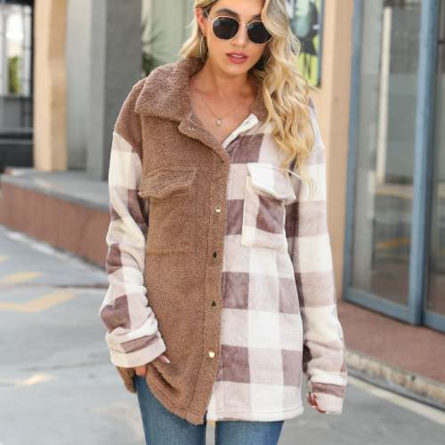 Womens Fleece Coat Plaid Pattern Long Sleeve Plush Plaid Shirt Jacket