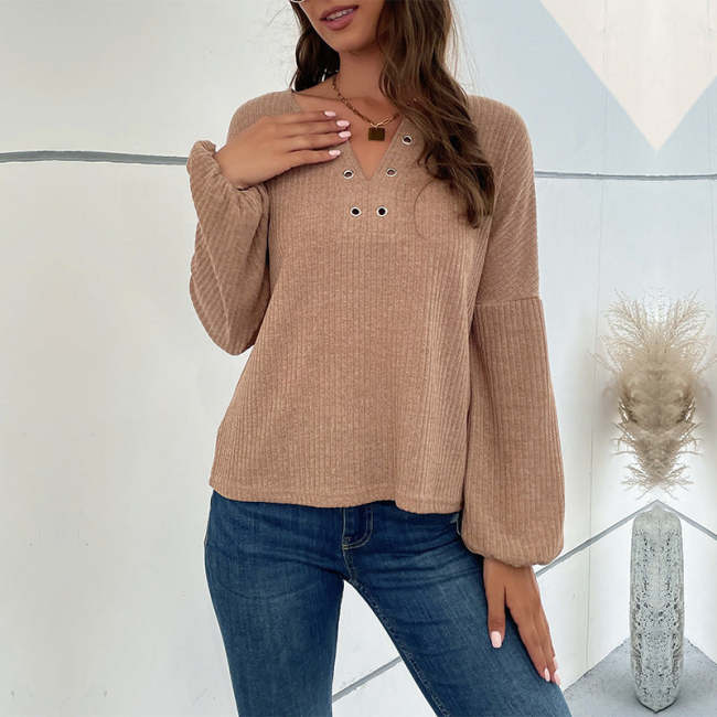 Womens Sweater Long Puff Sleeve Sweater V-Neck Knitted Sweater