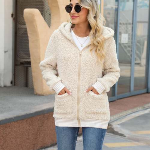 Womens Outerwear Hooded Loose Mid Length Fleece Coat