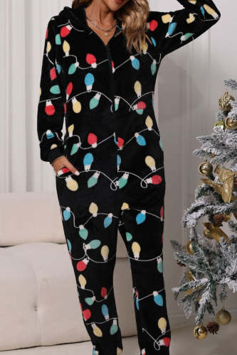 Womens One Piece Fleece Pajamas Christmas Light Zip Up Flannel Hooded Jumpsuit Homewear