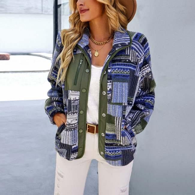 Womens West Style Coat Comfty Warm Fleece Geometric Pattern Jacket Coat Outerwear
