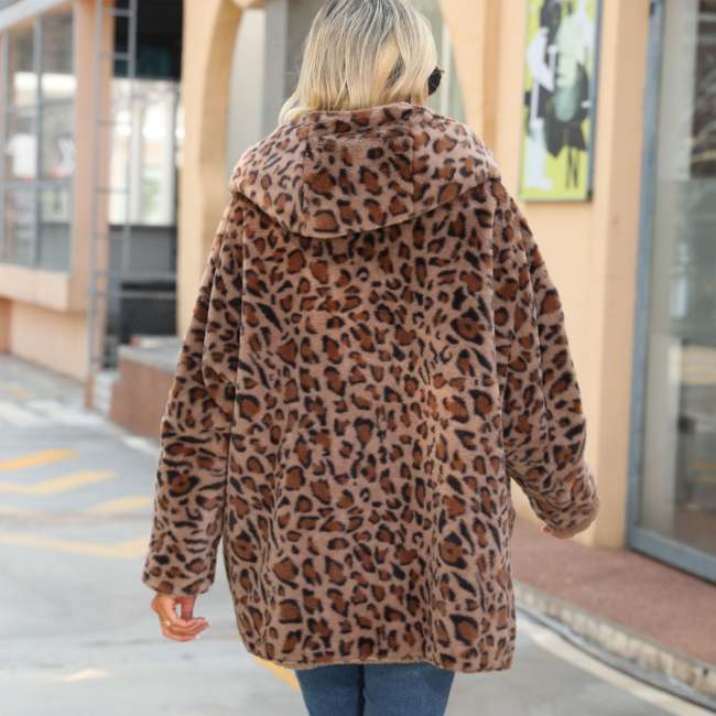 Womens Hoodie Coat Fleece Leopard Print Cardigan