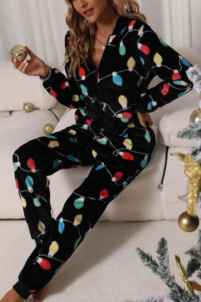 Womens One Piece Fleece Pajamas Christmas Light Zip Up Flannel Hooded Jumpsuit Homewear