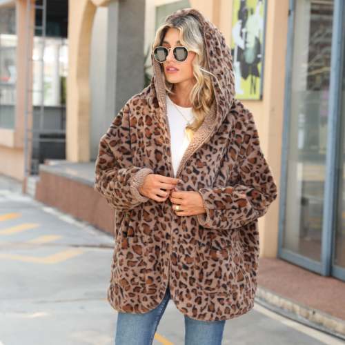 Womens Hoodie Coat Fleece Leopard Print Cardigan