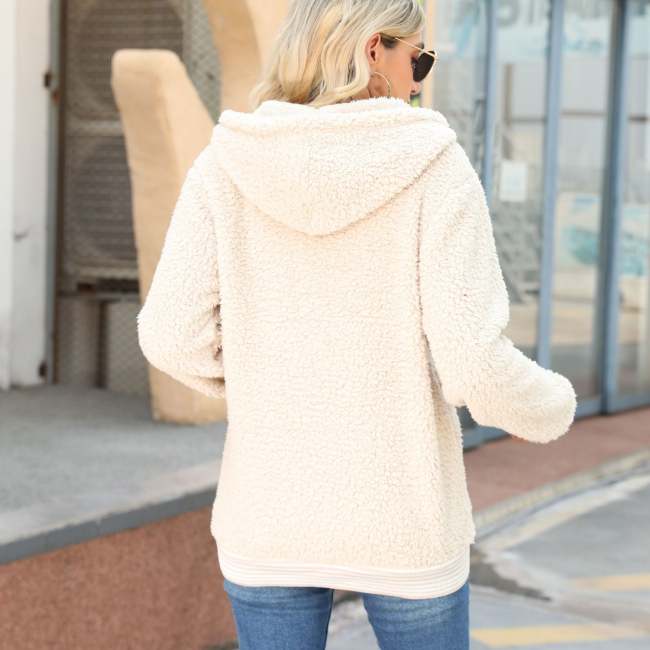 Womens Outerwear Hooded Loose Mid Length Fleece Coat