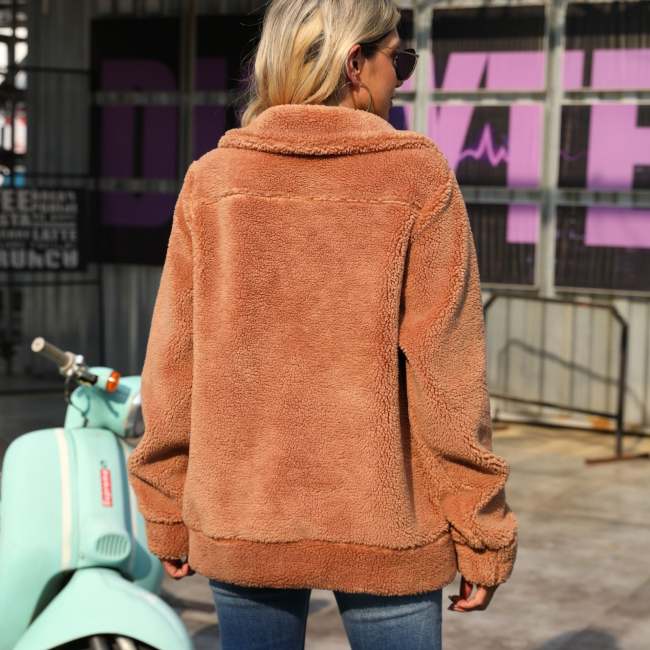 Long Sleeve Loose Mid Length Double Sided Faux Fur Coat Camel