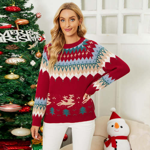 Christmas Autumn Winter Deer Jacquard Pullover Christmas Tree Sweater