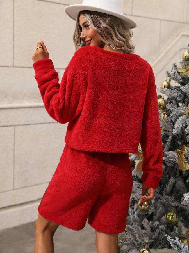 Shiny Long Sleeve Sequin Christmas Two Piece Set Red