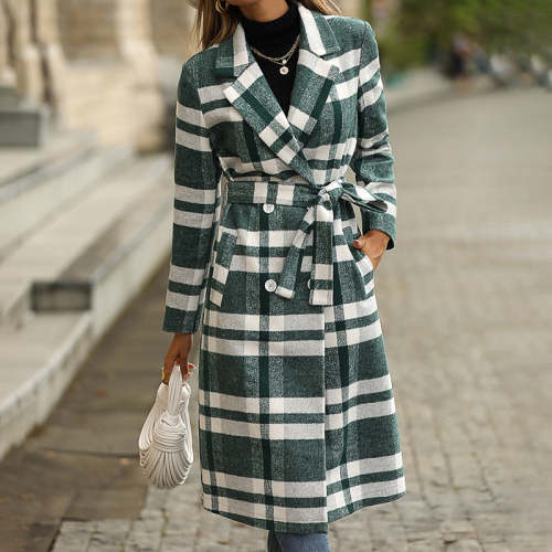 Womens Plaid Coat Long Sleeve Loose Plaid Woolen Large Coat Green Autumn Winter