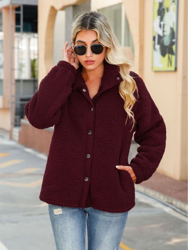 Womens Double Fleece Coat Button Down Stand Collar Warm Comfy Cardigan Jacket Outerwear