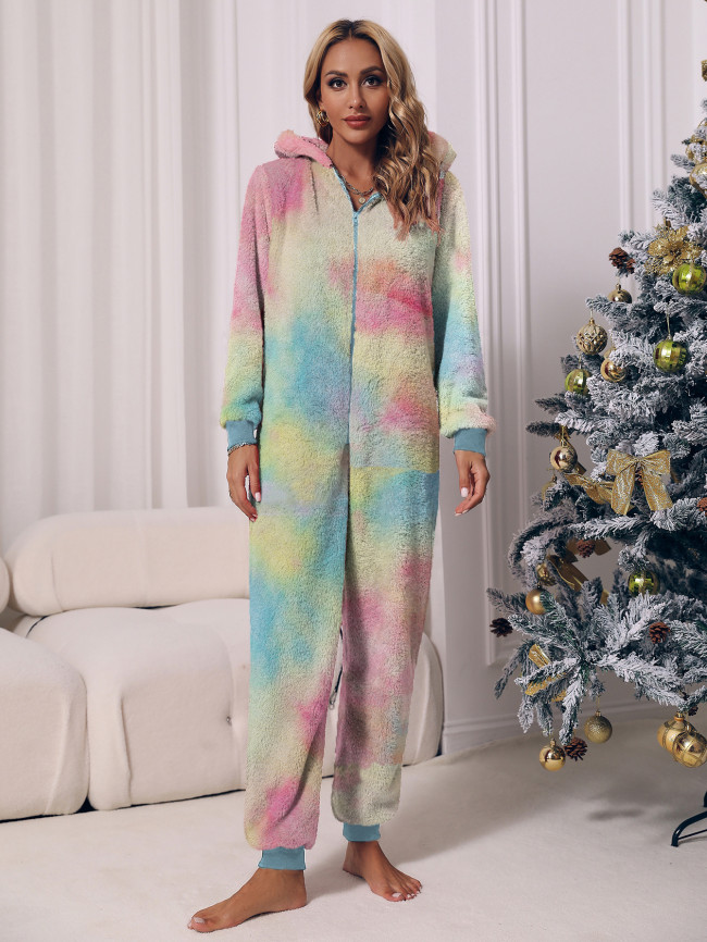 Womens One Piece Fleece Pajamas Plaid Zip Up Flannel Hooded Jumpsuit Homewear
