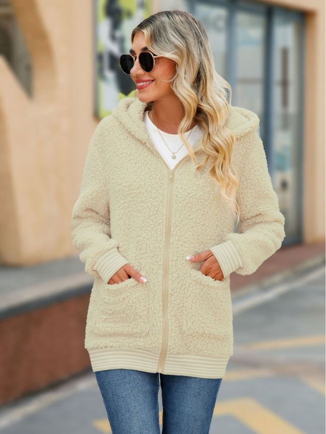 Womens Outerwear Hooded Loose Mid Length Fleece Coat