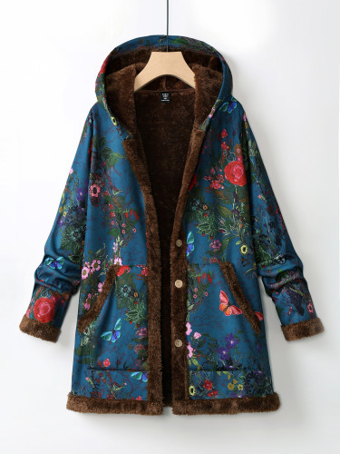 Womens Coat Floral Print Blue Hoodie Thick Fleece Jacket Coat Outerwear