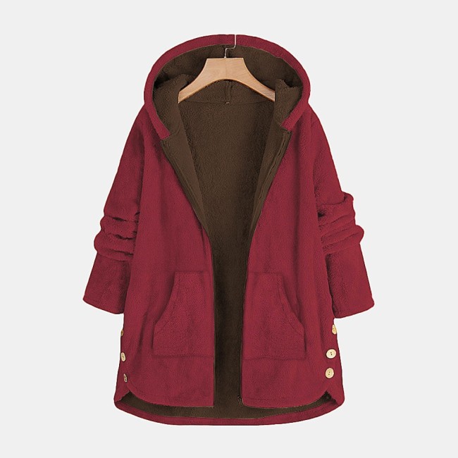 Womens Coat Solid Color Hoodie Thick Fleece Jacket Coat Outerwear