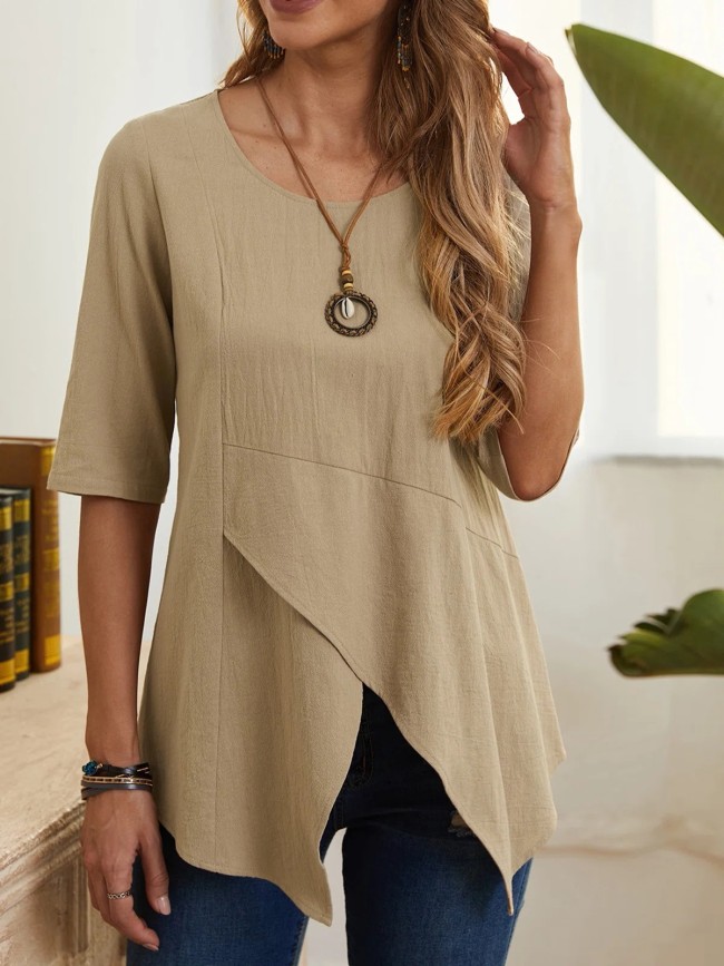 Womens Cotton Linen Shirt Mid Length Irregular Blouse