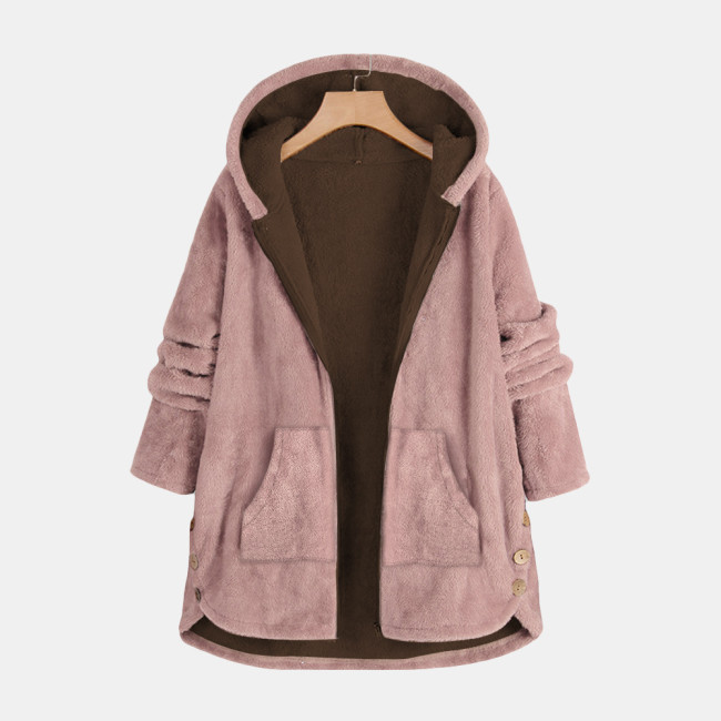 Womens Coat Solid Color Hoodie Thick Fleece Jacket Coat Outerwear