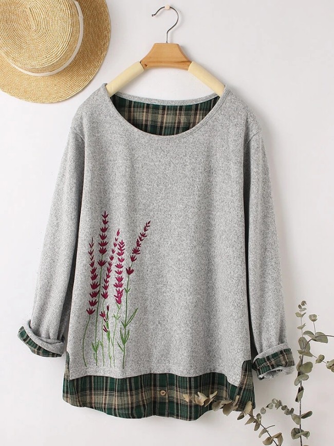 Floral Embroidery Crew Neck Pullover Long Sleeve Plaid Patchwork Women's Long Sleeve Top