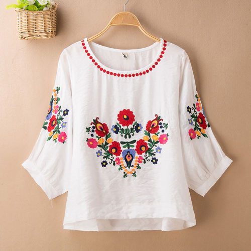 Embroidery Floral Blouse for Women Crew Neck Mid Sleeve Cotton Linen Blouse