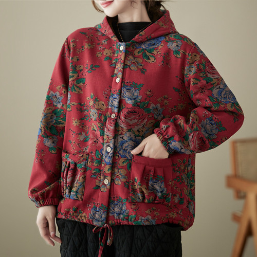 Womens Cotton Coat Floral Vintage Pattern Single-breasted Hoodie Coat Outerwear