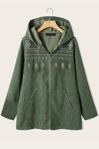 Womens Corduroy Coat Embroidery Tribal Pattern Hoodie Coat Outerwear Plus Size